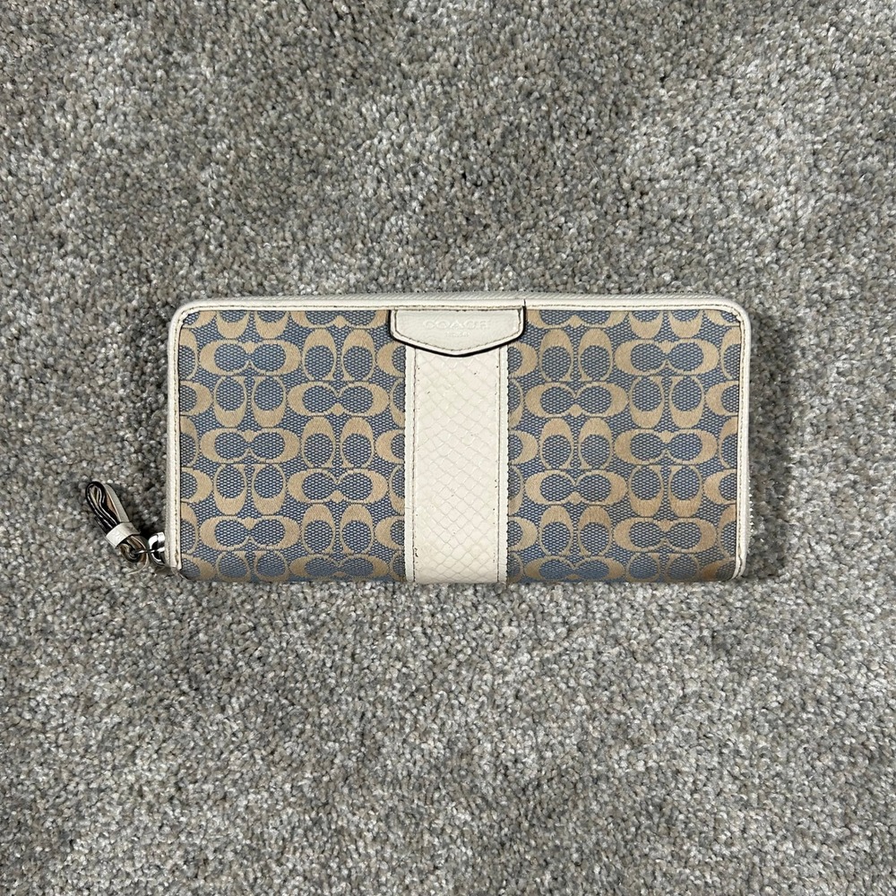 Coach Signature Jacquard Accordion Zip Wallet Cream Python Stripe Blue Tan